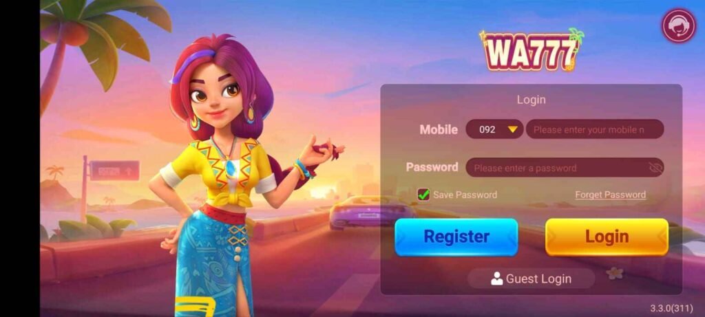 WA777 Game mobile app login screen with secure account access, Pakistani mobile number verification, and real-money gaming
